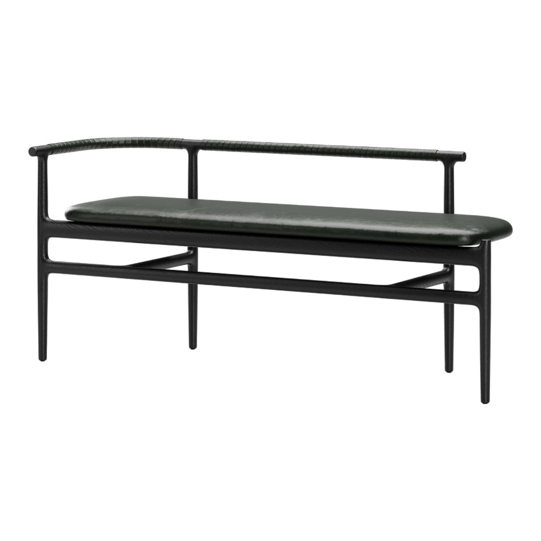Green faux leather bench with sleek black frame and braided detailing, perfect for modern decor.