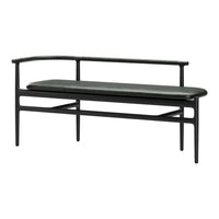 Green faux leather bench with sleek black frame and braided detailing, perfect for modern decor.