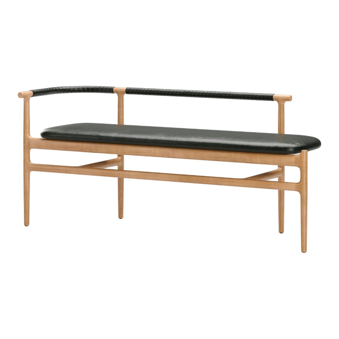 Wooden bench with a light natural finish and a sleek black leather cushion, featuring a woven black backrest.