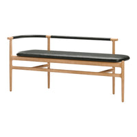 Wooden bench with a light natural finish and a sleek black leather cushion, featuring a woven black backrest.