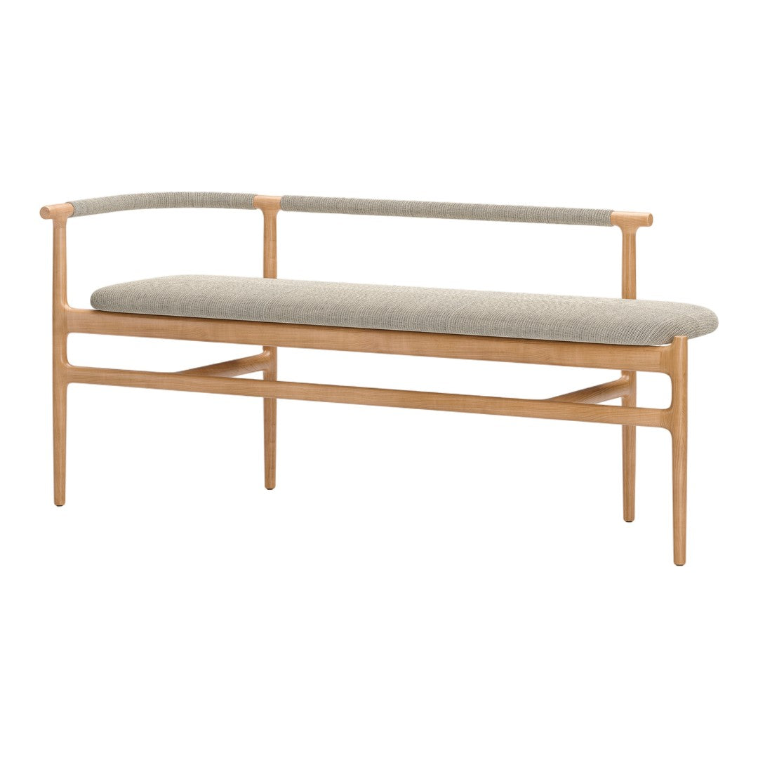 Light wood bench with a textured gray fabric cushion and a minimalist design. Ideal for modern interiors.