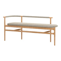 Light wood bench with a textured gray fabric cushion and a minimalist design. Ideal for modern interiors.