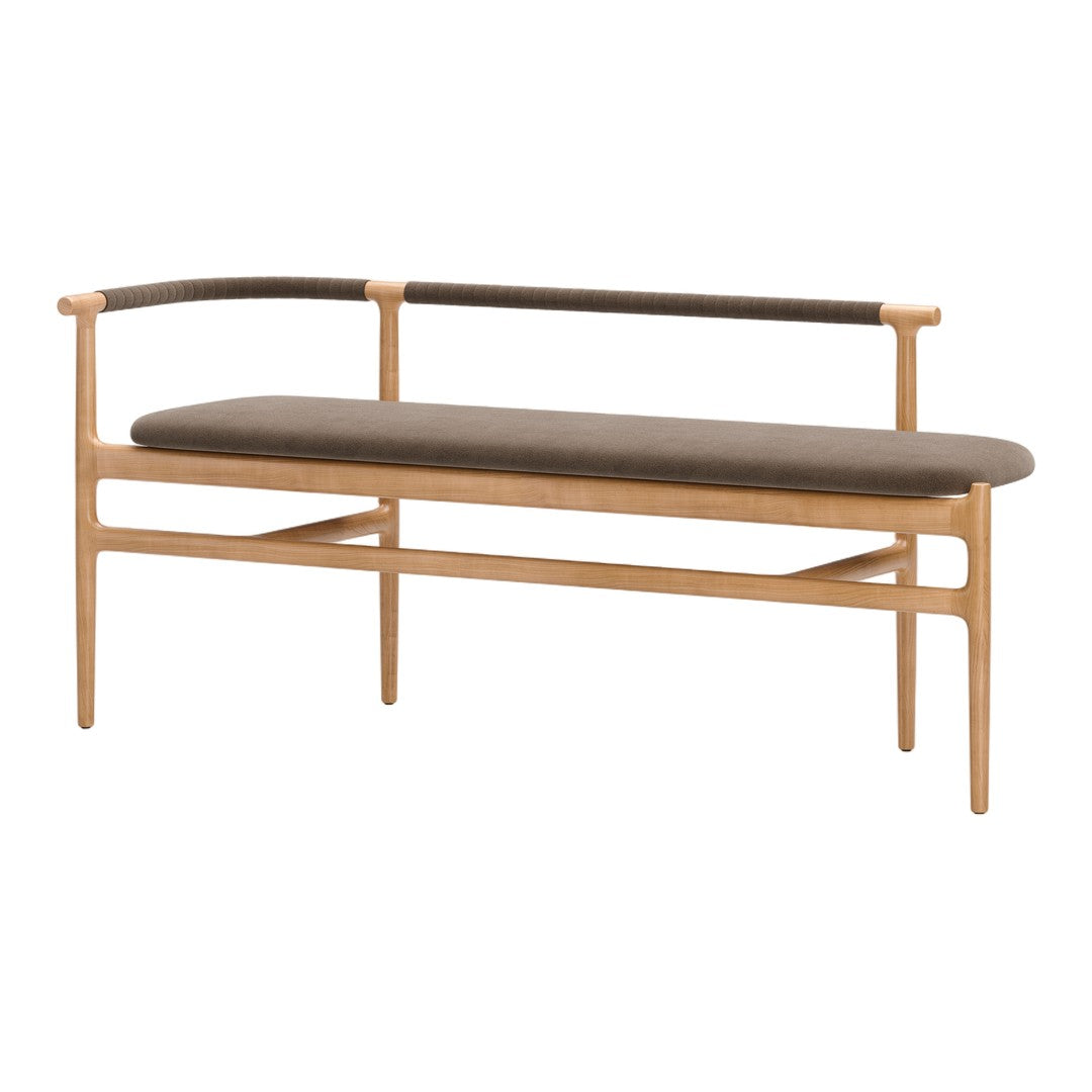 Light wood bench with a soft, dark brown cushion and brown woven accents, featuring a minimalist design.