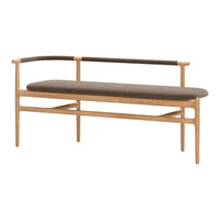Light wood bench with a soft, dark brown cushion and brown woven accents, featuring a minimalist design.