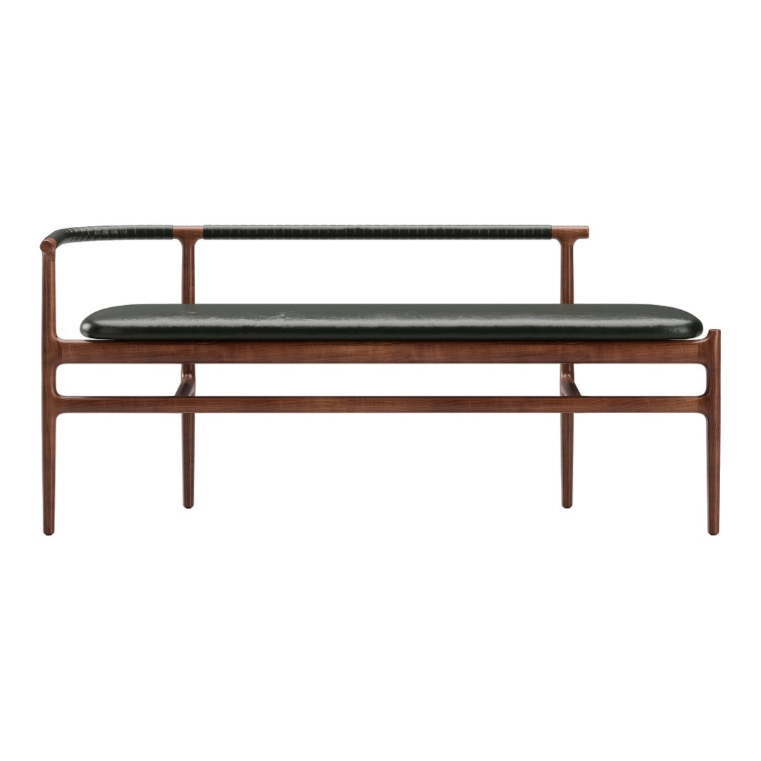 Mid-century modern bench with a walnut finish and sleek black leather upholstery. Elegant lines and minimalistic design.