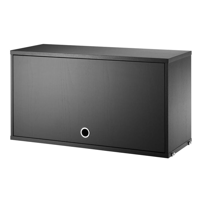 Sleek black storage cabinet with a minimalist design and circular handle detail for modern interiors.