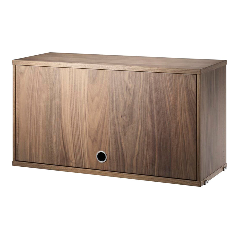 Modern wooden cabinet in rich walnut finish with smooth, seamless design and subtle grain patterns.