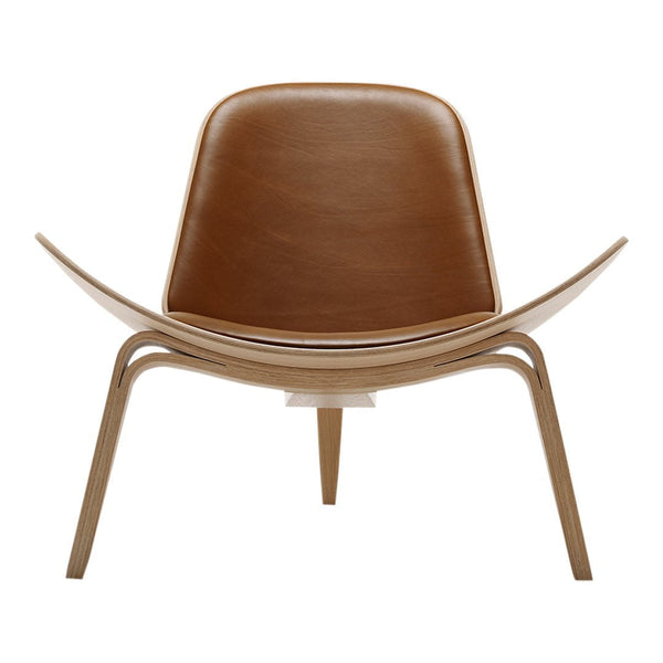 Brown leather chair with a sleek curved design and light wood legs, adding a modern touch to any decor.