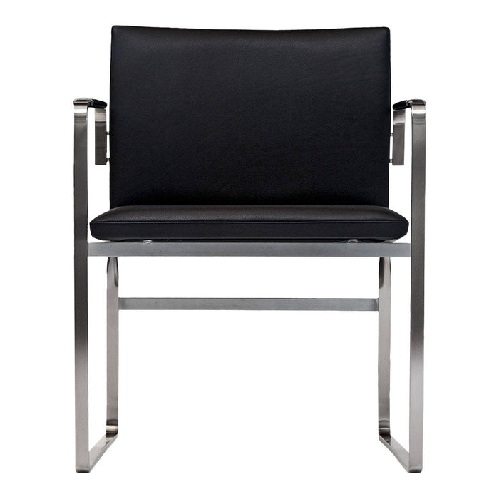Sleek black leather chair with minimalist silver metal frame, perfect for modern interiors.