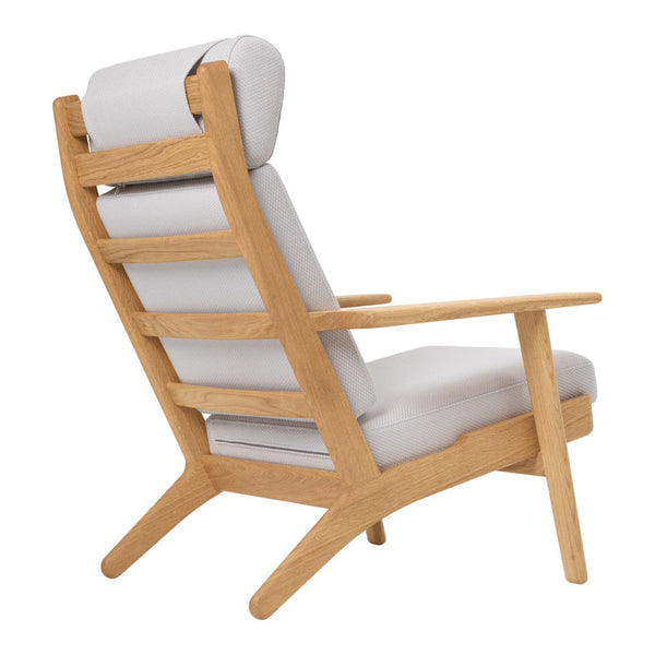 Light gray upholstery with a natural wood frame, featuring a sleek, minimalist design and horizontal slat backrest.