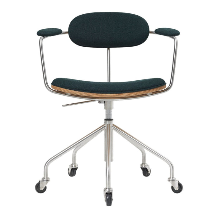 Green upholstered office chair with a sleek chrome base and wooden accents, featuring minimalist design and modern style.