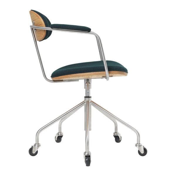 Green upholstered chair with a light wood backrest and a sleek metal frame, featuring a minimalist design.