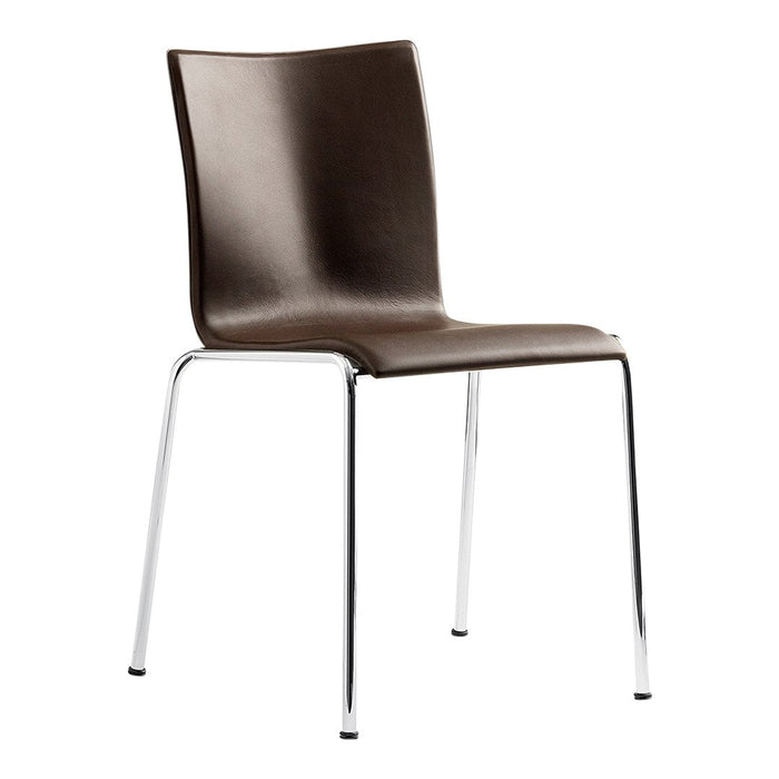 Brown leather chair with a sleek chrome base, featuring a modern and minimalist design. Perfect for contemporary decor.