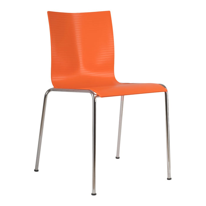 Bright orange chair with a sleek design and subtle ribbed pattern, featuring silver metal legs for a modern touch.
