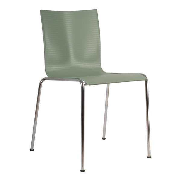 Green textured chair with sleek chrome legs, perfect for modern decor and minimalistic aesthetics.