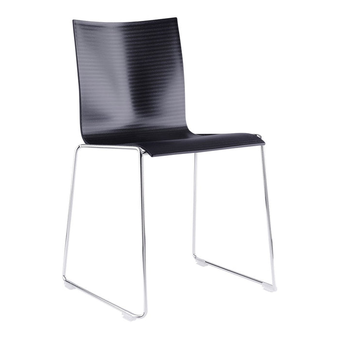 Sleek black chair with ribbed surface and chrome legs, perfect for modern decor.