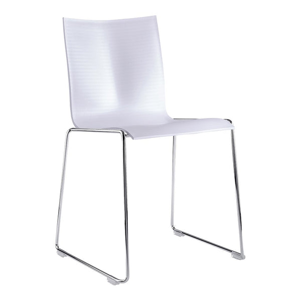 White modern chair with a sleek, smooth surface and minimalist design, featuring subtle texture and chrome legs.