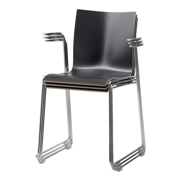 Sleek black chair with a smooth finish and chrome armrests, featuring a minimalist design for modern interiors.