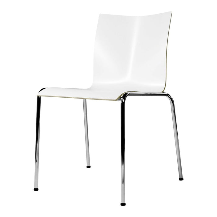 Sleek white chair with smooth finish and chrome legs, featuring a minimalist design and curved backrest.