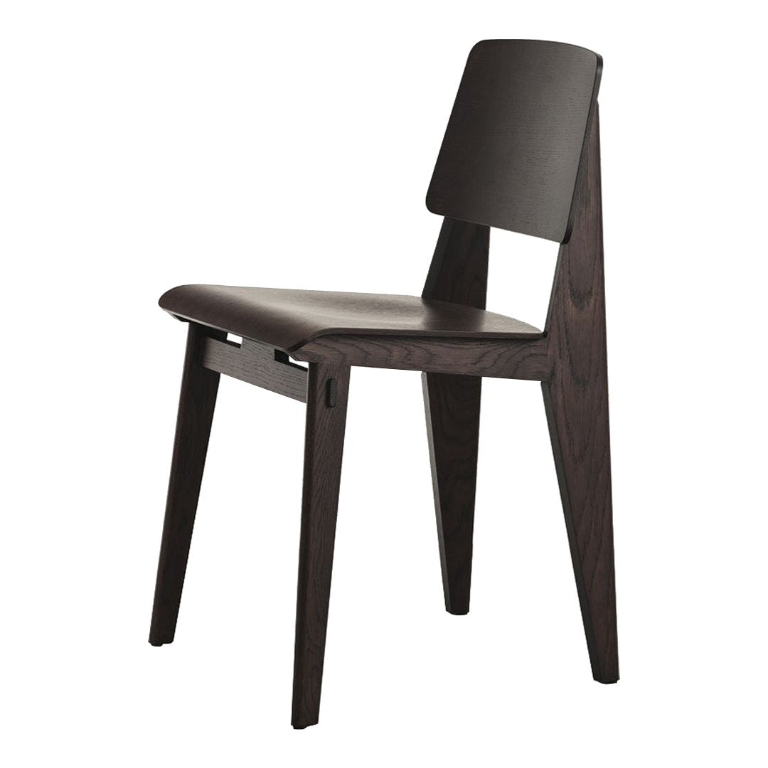 Dark brown wooden chair with a minimalist design and clean lines, featuring a smooth surface and angular legs.
