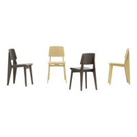 Set of four chairs in earthy tones: dark brown, light wood, and a mix of patterns for a modern aesthetic.