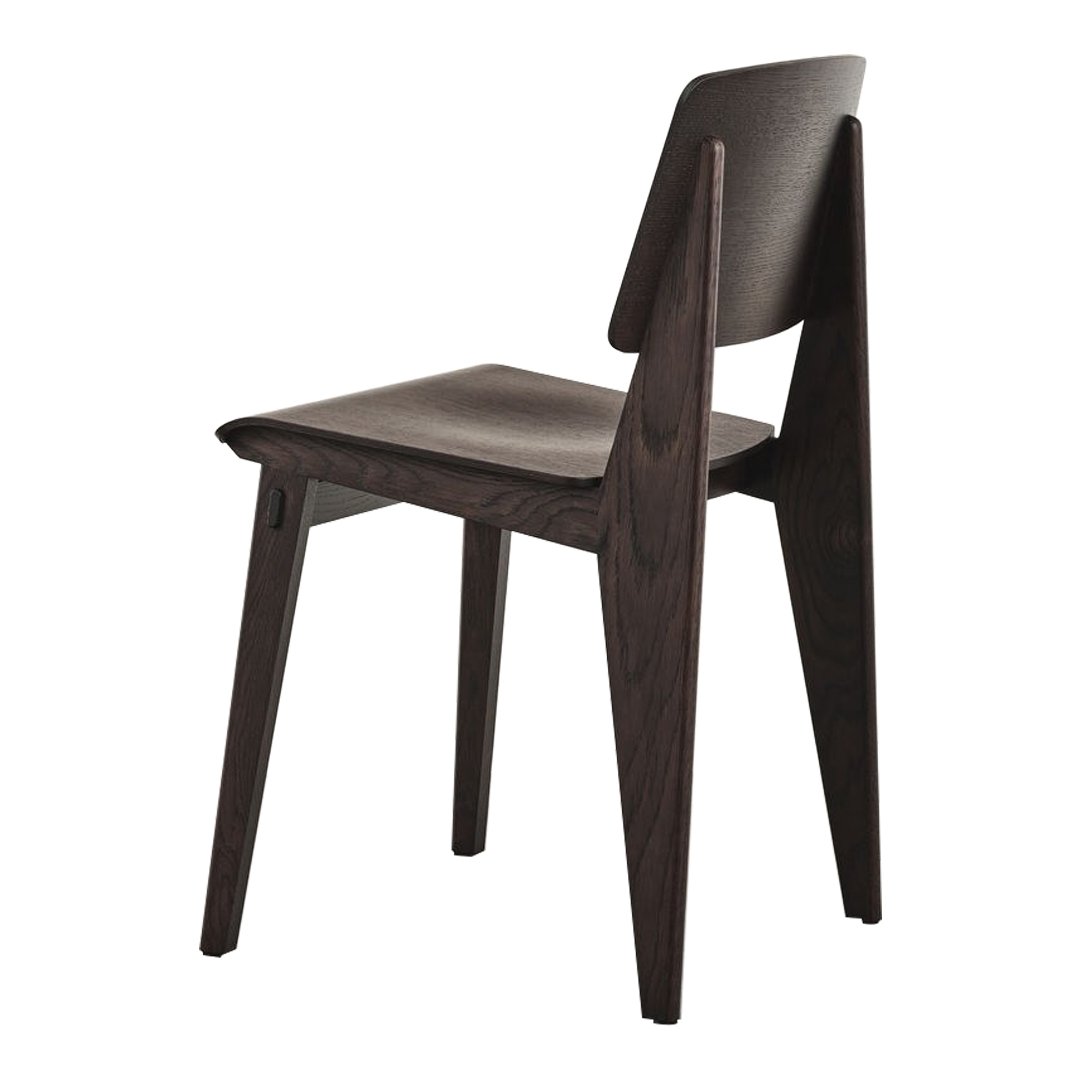 Dark brown wooden chair with a minimalist design and ergonomic shape, featuring clean lines and a smooth finish.