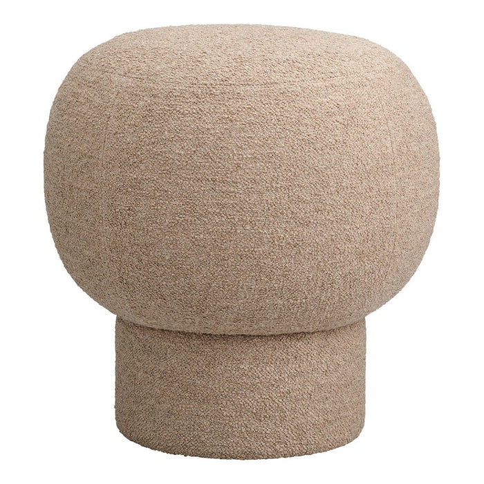 Round natural beige pouf with a textured, soft fabric surface, perfect for modern decor.
