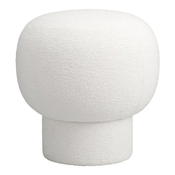 White textured pouf with a rounded shape and soft, fuzzy surface, ideal for modern decor.