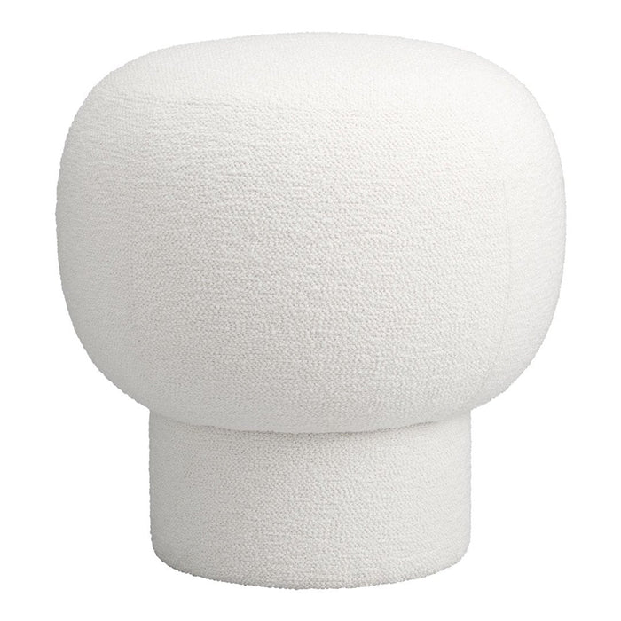 White textured pouf with a rounded shape and soft, fuzzy surface, ideal for modern decor.