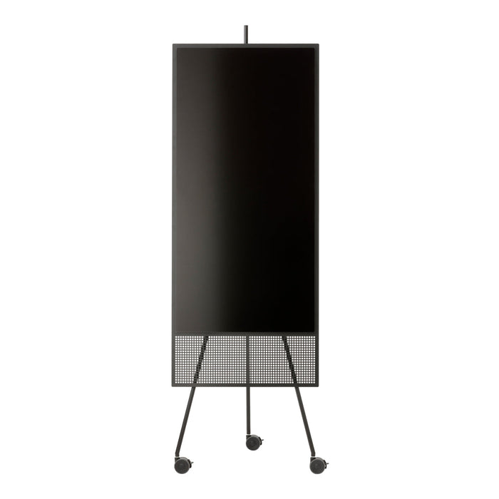 Black display board with a grid pattern base on a rolling stand, featuring a sleek, modern design.
