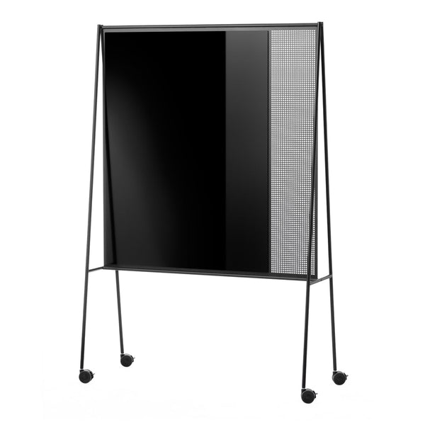 Black and silver patterned easel board with a modern design on a minimalist black frame. Perfect for stylish presentations.