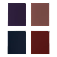 "Set of four notebooks in dark purple, rust, navy blue, and deep red with solid color finishes."