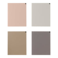 Four color swatches featuring soft pink, light gray, beige, and muted gray tones in a minimalist design.