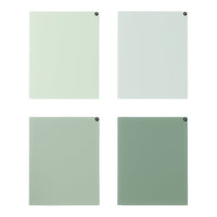 Four color swatches featuring light green, mint, pale green, and deep green hues with a smooth matte finish.