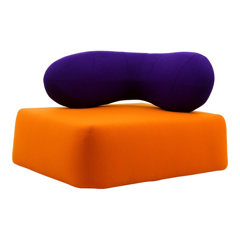 Orange square cushion with a dark purple abstract-shaped pillow on top. Modern design with vibrant colors.