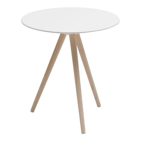 Round white table with natural wood legs, featuring a minimalist design and smooth surface, perfect for modern spaces.
