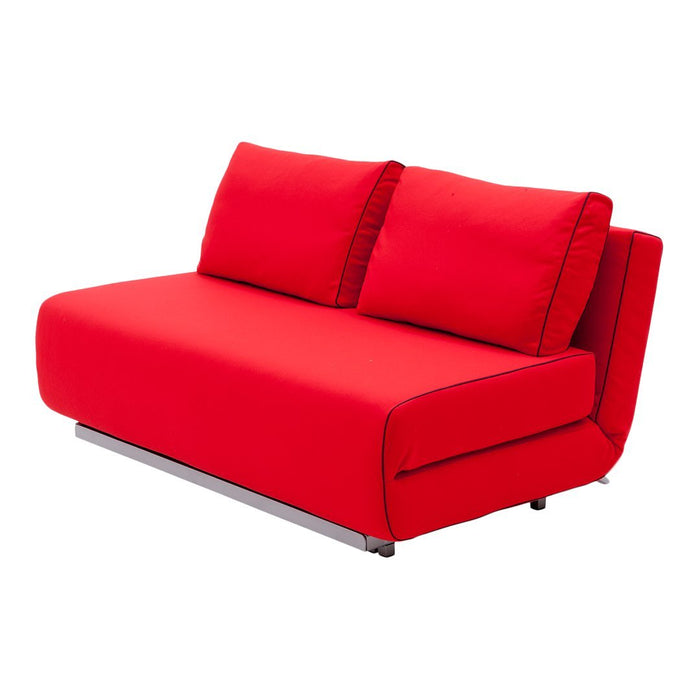 Bright red modern sofa with sleek lines and two plush cushions. Perfect for a contemporary living space.