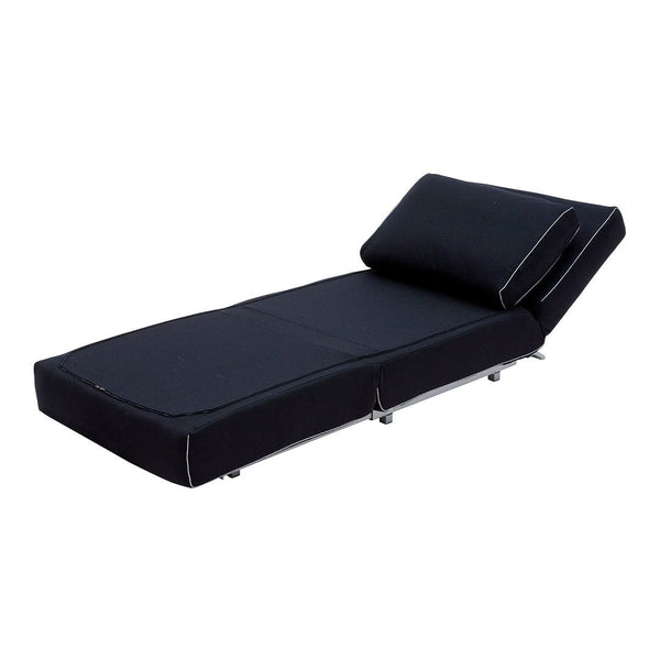 Black futon with clean lines and a sleek, modern design, featuring a smooth, textured surface and subtle white piping.
