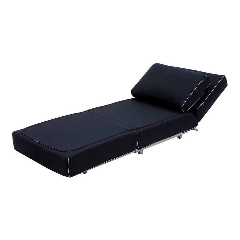 Black futon with clean lines and a sleek, modern design, featuring a smooth, textured surface and subtle white piping.