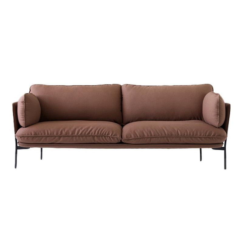 Brown upholstered sofa with smooth cushions and round side pillows, set on a sleek black metal frame.