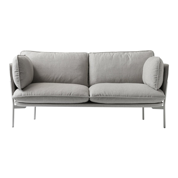 Light gray modern sofa with smooth cushions and round side pillows, featuring a minimalist metal frame.