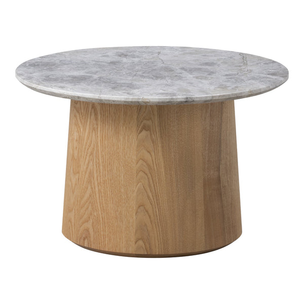 Round coffee table with a gray marble top and a natural wood base, combining sleek modern and organic textures.
