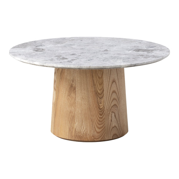 Round table with a white marble top and natural wood pedestal, showcasing a smooth texture and elegant design.