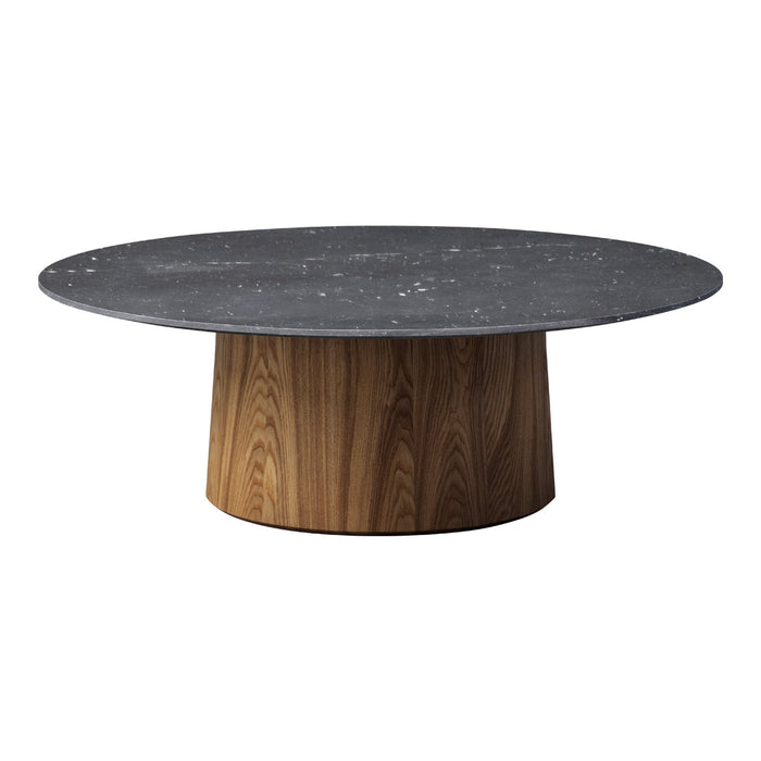 Round coffee table featuring a dark gray marble top and a natural wood base, highlighting sleek lines and modern design.