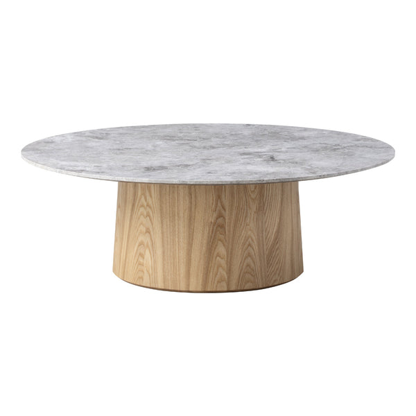 Round coffee table with a sleek gray marble top and natural wood base featuring a smooth, minimalist design.