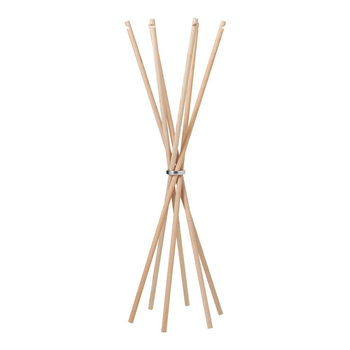 Natural wood color with sleek, minimalist design featuring six tapered poles in a symmetrical arrangement.