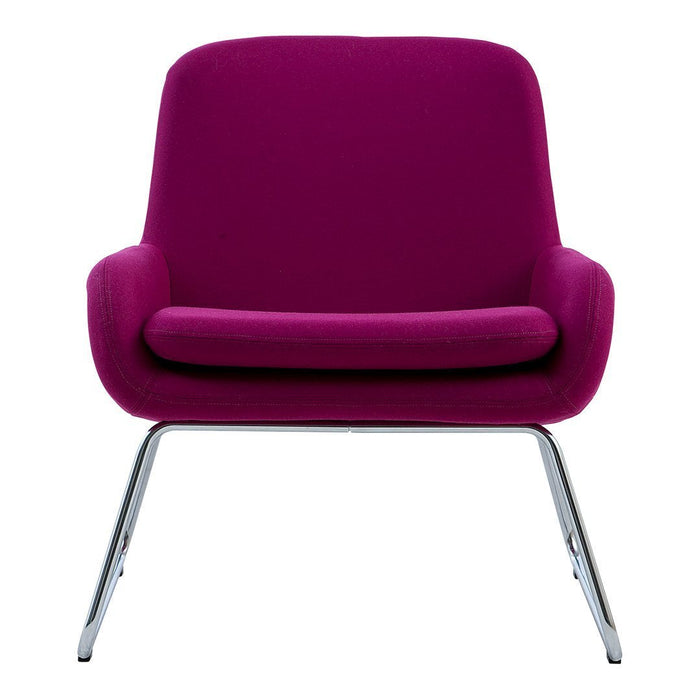 Fuchsia armchair with smooth upholstery and sleek chrome legs, perfect for vibrant home decor.