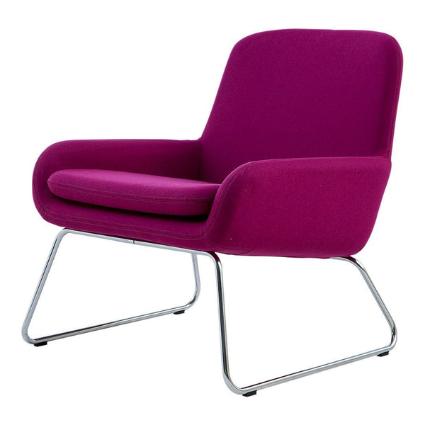 Purple upholstered chair with a modern design and sleek chrome legs, perfect for adding a pop of color to any space.