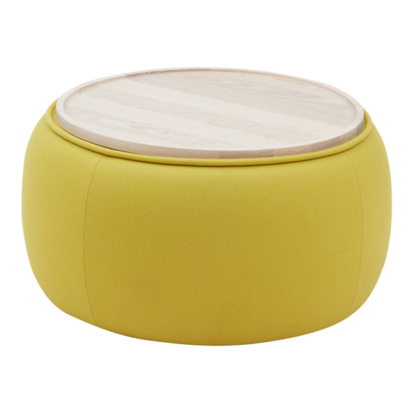 Round yellow ottoman with a smooth wooden top, featuring a simple and modern design perfect for any space.
