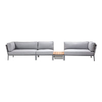 Modern outdoor seating set featuring gray cushions and sleek metal frames with a wooden accent table.